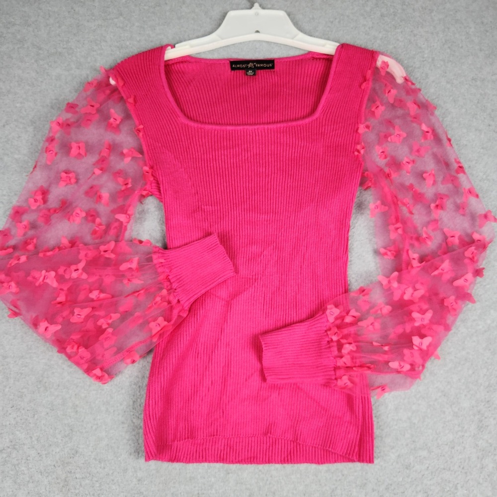Almost Famous Ribbed Knit Top Womens Medium Hot Pink Rayon Butterfly Mesh Sleeve